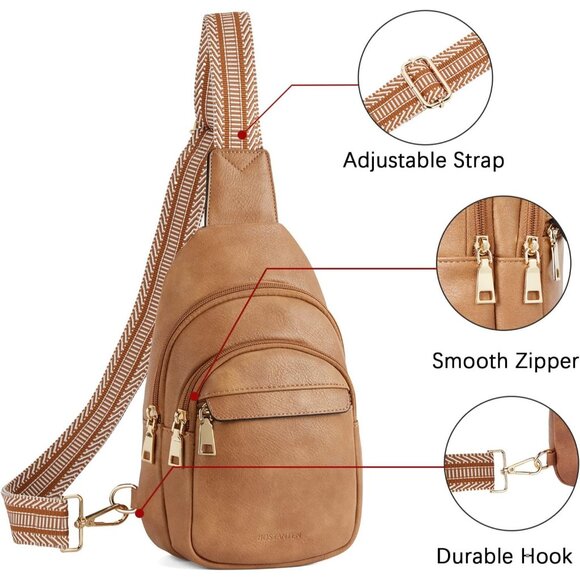 Women Camel Brown Imported PU Leather Small Crossbody Chest Sling Travel Bag - Picture 6 of 8